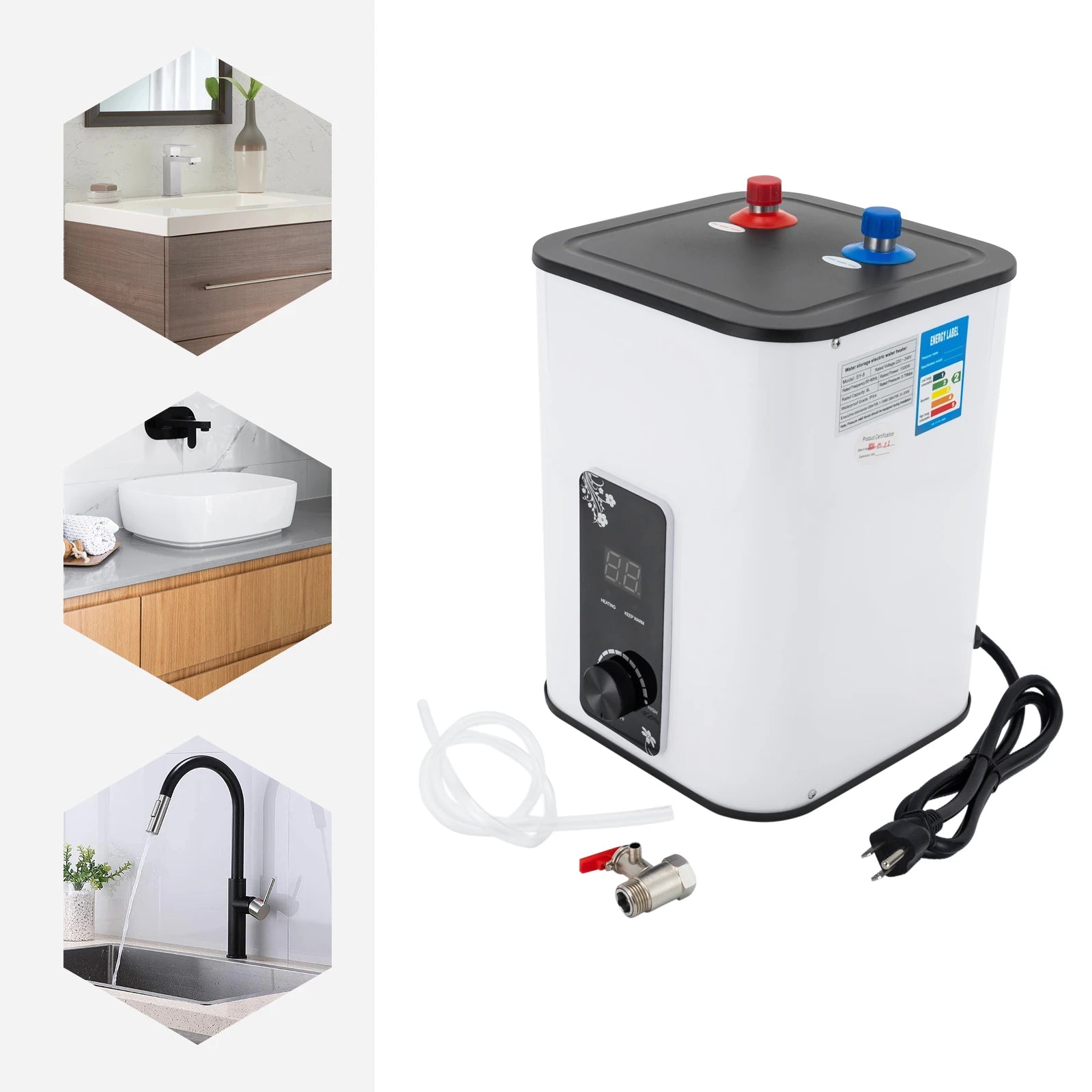 1500W 8L Electric Water Heater Instant Under Sink Stainless Steel Tank Fast Heating IPX4 Safe for Kitchen Bathroom RV SY-8