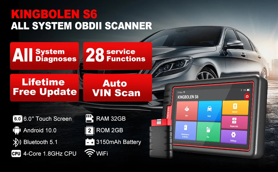 Kingbolen S6 OBD2 Scanner Bluetooth All System lifetime Free Update CAN FD Diagnostic Tool 28+ Resets SAS/BMS/TPMS Scan Tool