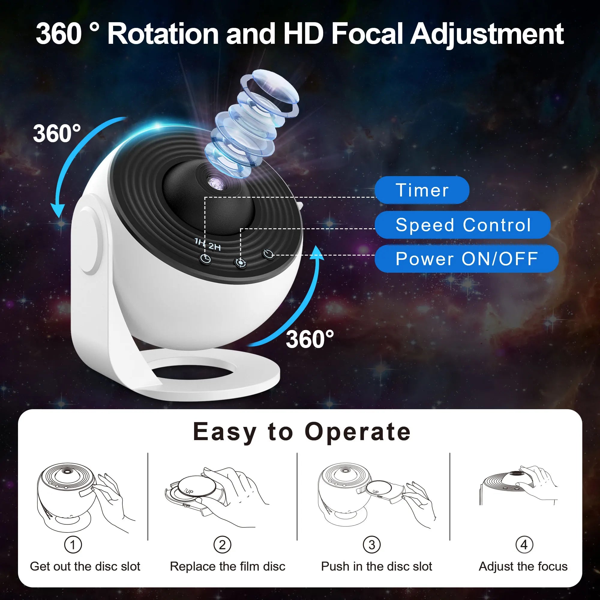 13-in-1 Galaxy Star Projector — HD, 360° Rotation, 13 Film Discs, Timer, Kids & Adults