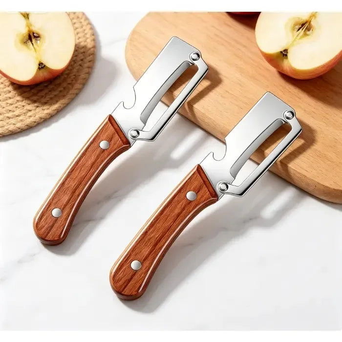 2-Pack 2-in-1 Vegetable & Fruit Peeler with Bottle Opener — Stainless Steel Blade, Wooden Handle, Zero Snag
