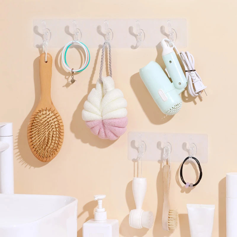 Transparent Multi-Hook Wall Organiser Rack - Seamless Adhesive Hanger for Bathroom, Kitchen & Hallway