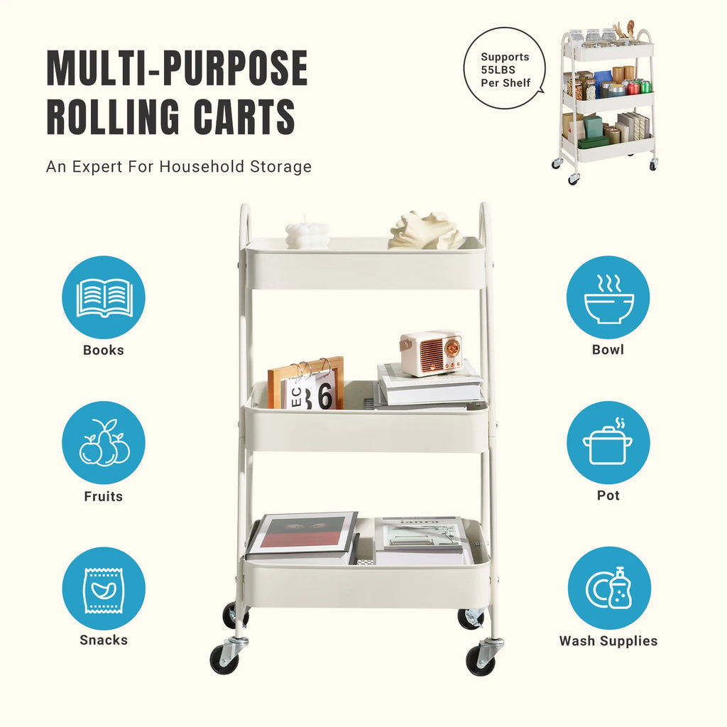 JHK 3-Tier Metal Rolling Storage Cart – Lockable Wheels, Mesh Shelves & Slim Design for Kitchen, Bathroom & Office