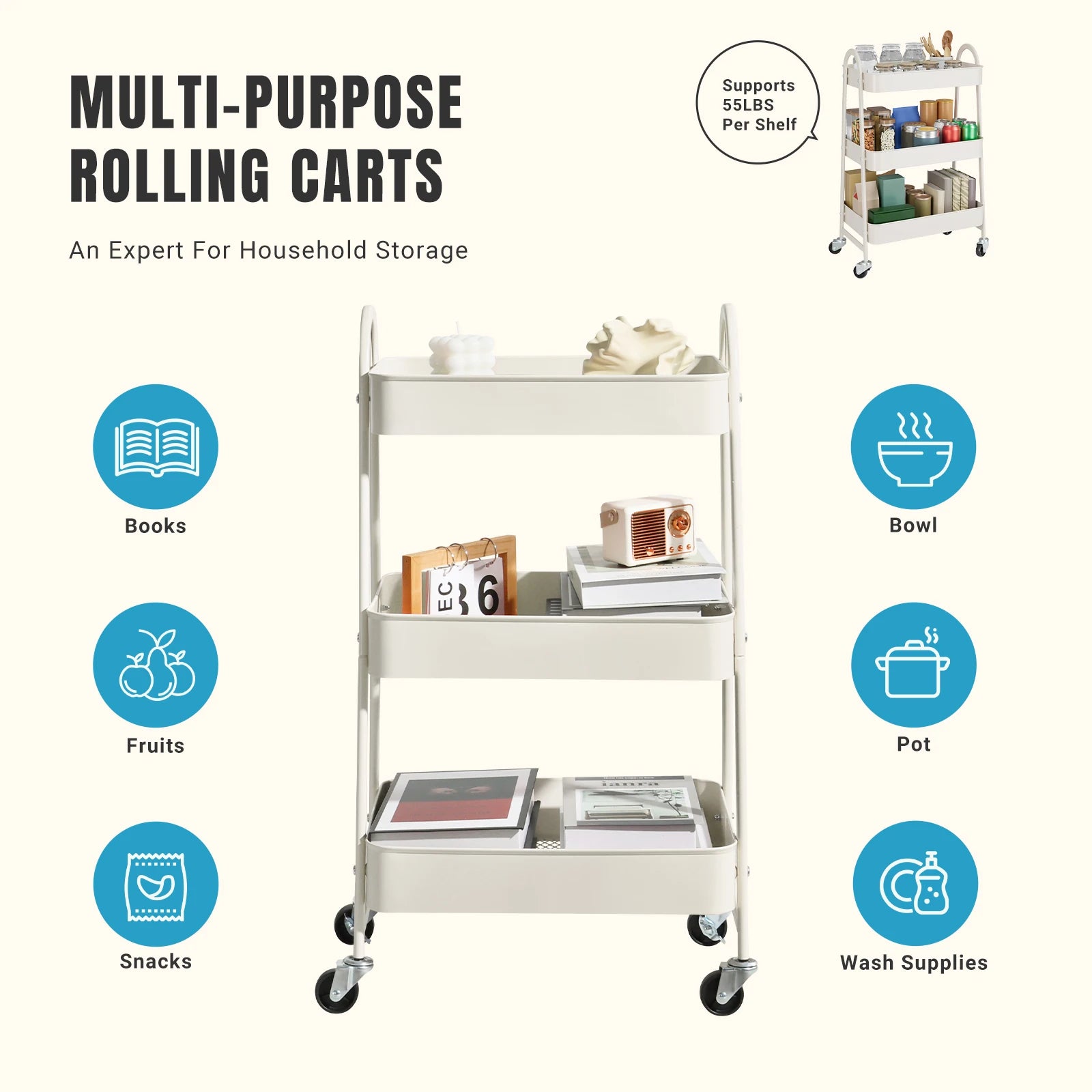 JHK 3-Tier Metal Rolling Storage Cart – Lockable Wheels, Mesh Shelves & Slim Design for Kitchen, Bathroom & Office
