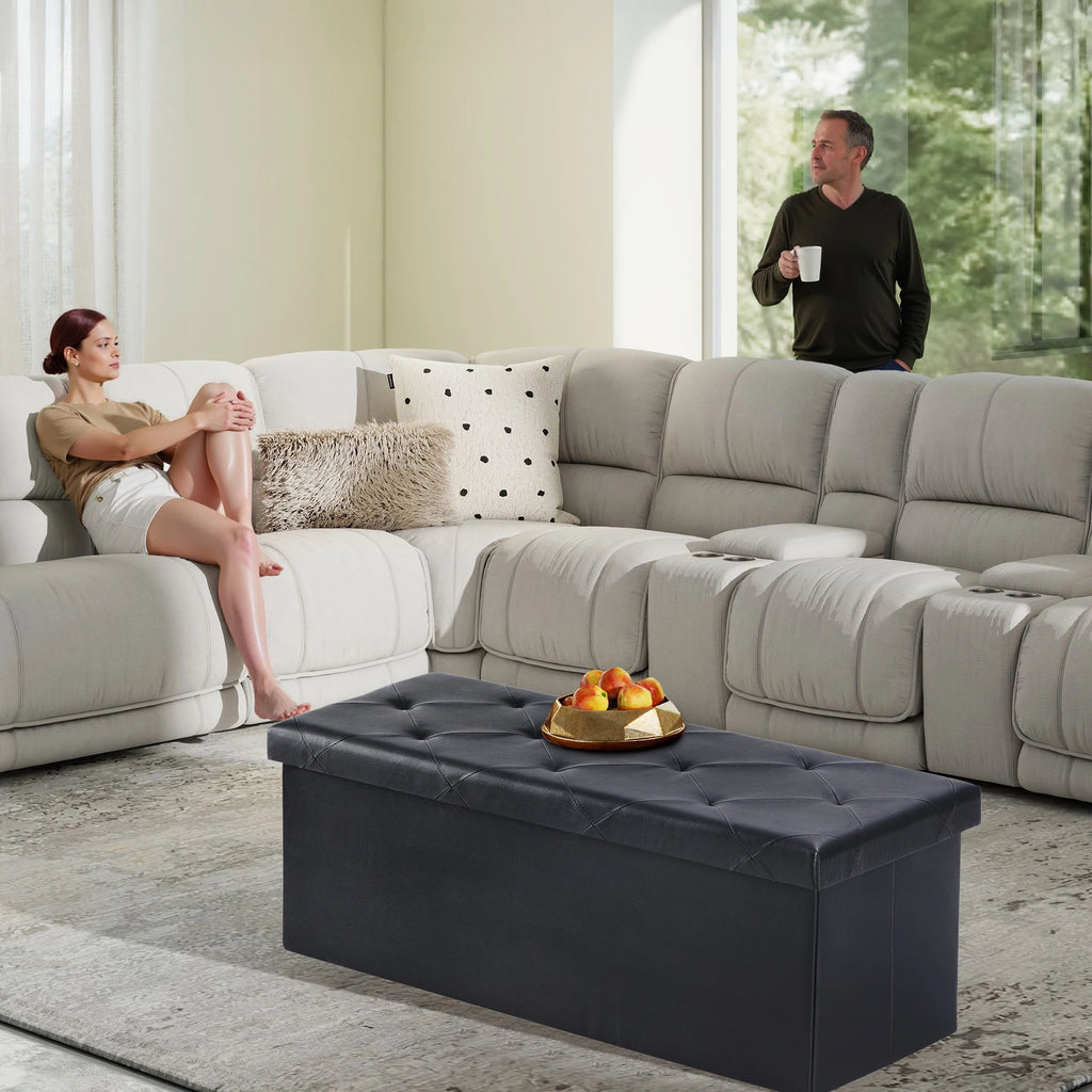 43" Folding Storage Ottoman — Leather Footstool & Bedroom Bench, 660 lb Capacity, Memory Foam Seat