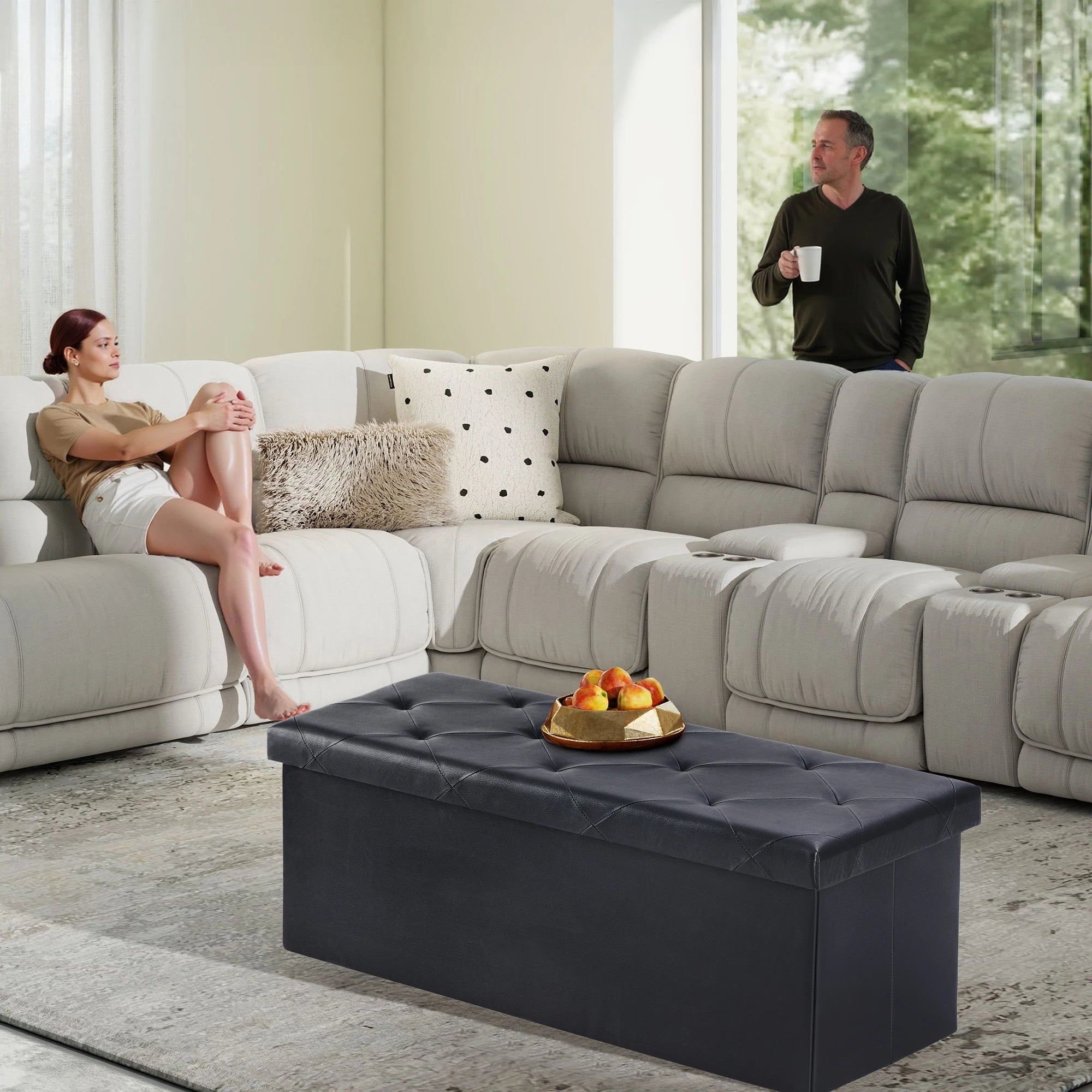 43" Folding Storage Ottoman — Leather Footstool & Bedroom Bench, 660 lb Capacity, Memory Foam Seat