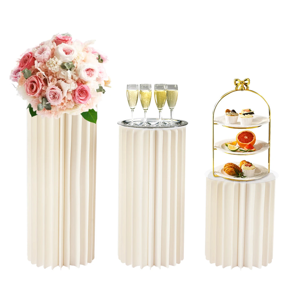 3PCS Wedding Party Flower Stand Cylinder Foldable Cardboard Centerpiece Dessert Table Columns Display Stand 40+60+80cm