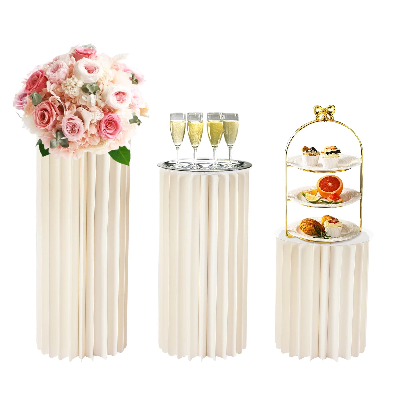 3PCS Wedding Party Flower Stand Cylinder Foldable Cardboard Centerpiece Dessert Table Columns Display Stand 40+60+80cm