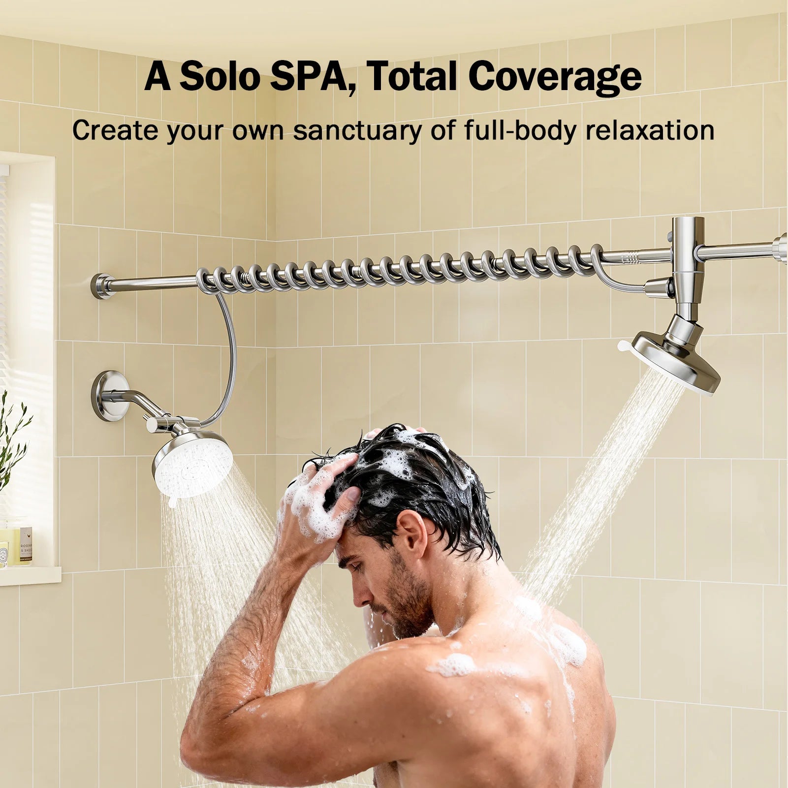 Dual Shower Head System for Two — 60" Adjustable Slider, High Pressure, No-Drill Install