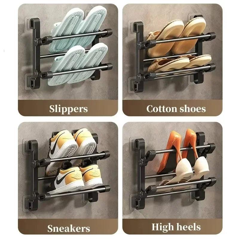 Wall-Mounted Folding Shoe Rack – No-Drill Bathroom Storage Organizer