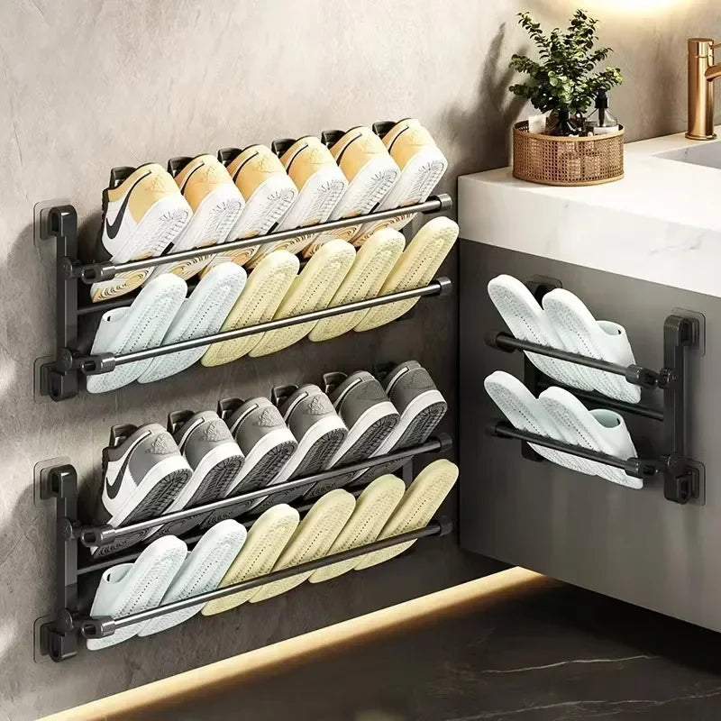 Wall-Mounted Folding Shoe Rack – No-Drill Bathroom Storage Organizer