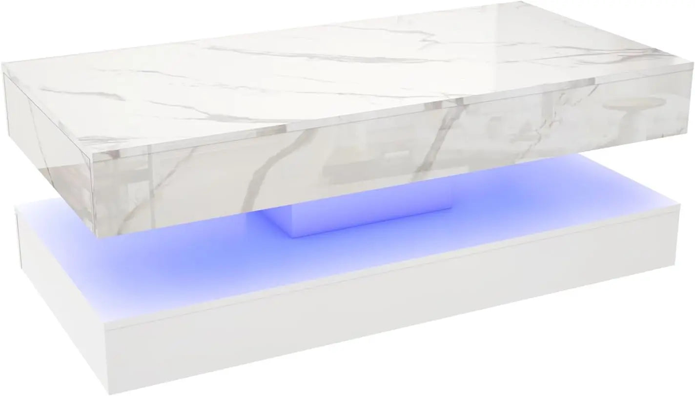 LED Coffee Table with 2 Storage Drawers — 20-Color RGB, Double-Layer, High Gloss Black