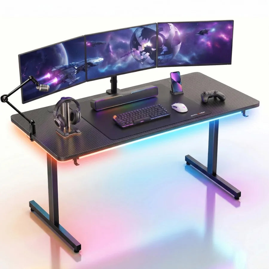 55" Gaming Desk with Smart APP and Remote RGB Lights Carbon Fiber Surface Computer Table with Full Mouse Pad and Headphone Hook