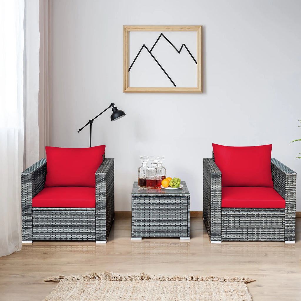 HOMASIS 3-Piece Rattan Patio Bistro Set – Cushioned Sofa Chairs & Tempered Glass Coffee Table for Garden & Poolside