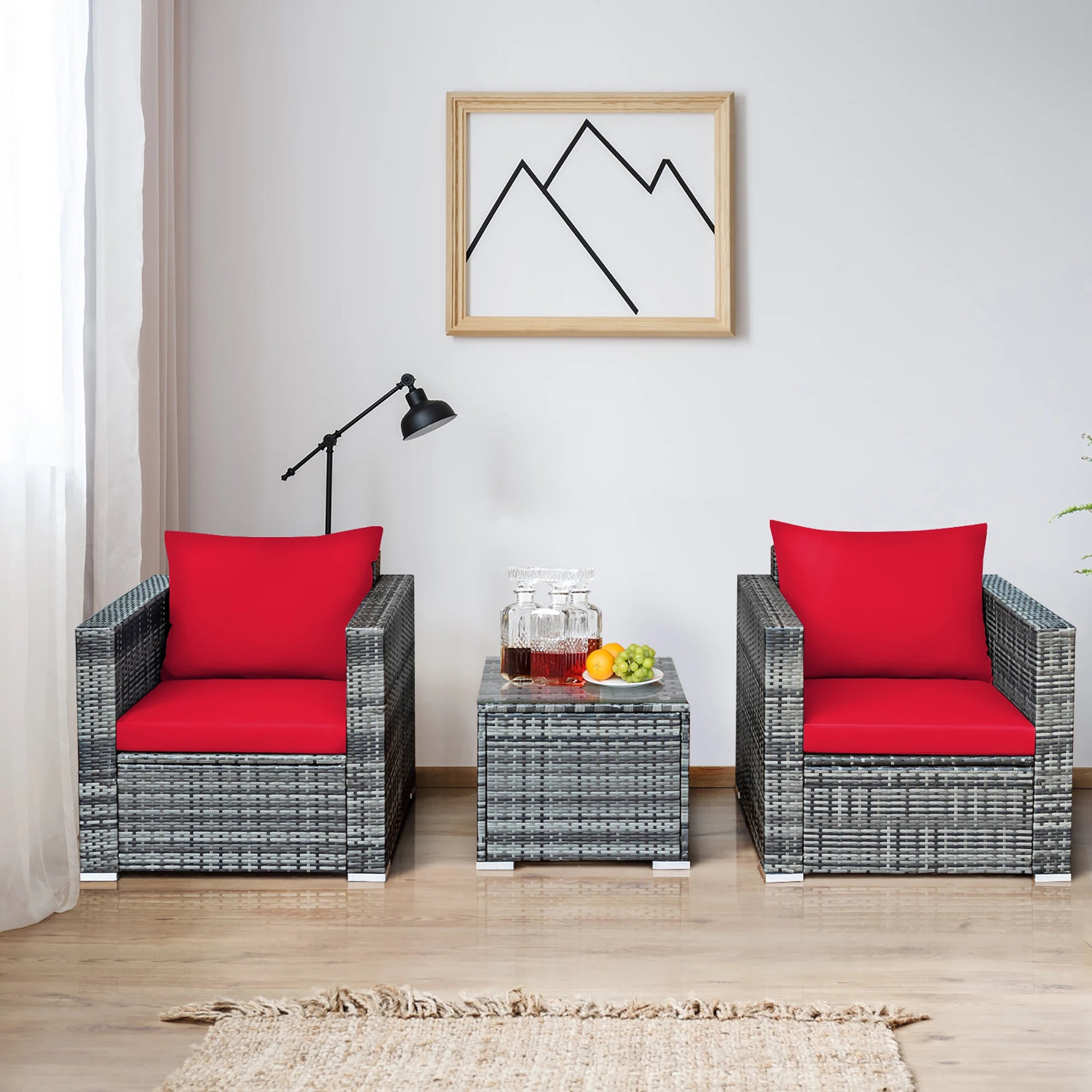 HOMASIS 3-Piece Rattan Patio Bistro Set – Cushioned Sofa Chairs & Tempered Glass Coffee Table for Garden & Poolside