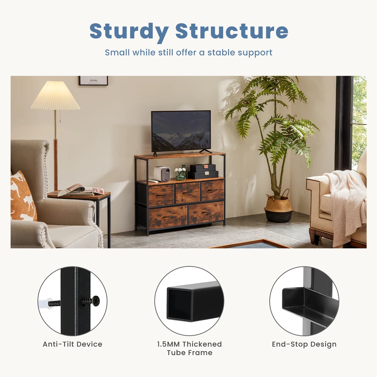 JHK TV Stand & Dresser with 5 Fabric Drawers — Fits Up to 45" TV, 39.7"W, Lightweight & Multi-Room