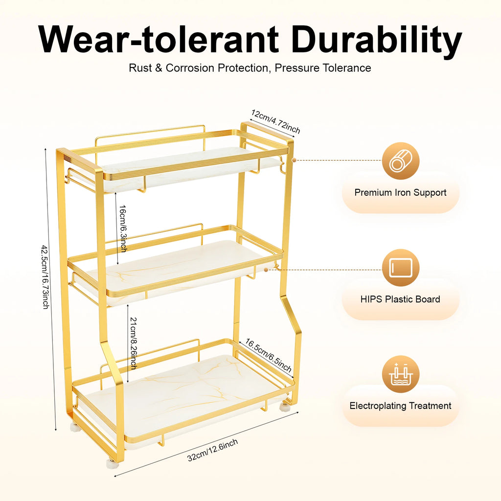 3-Tier Bathroom Countertop Organizer 22.05LBS/ Tier Gold Storage Shelf for Toiletries Cosmetics