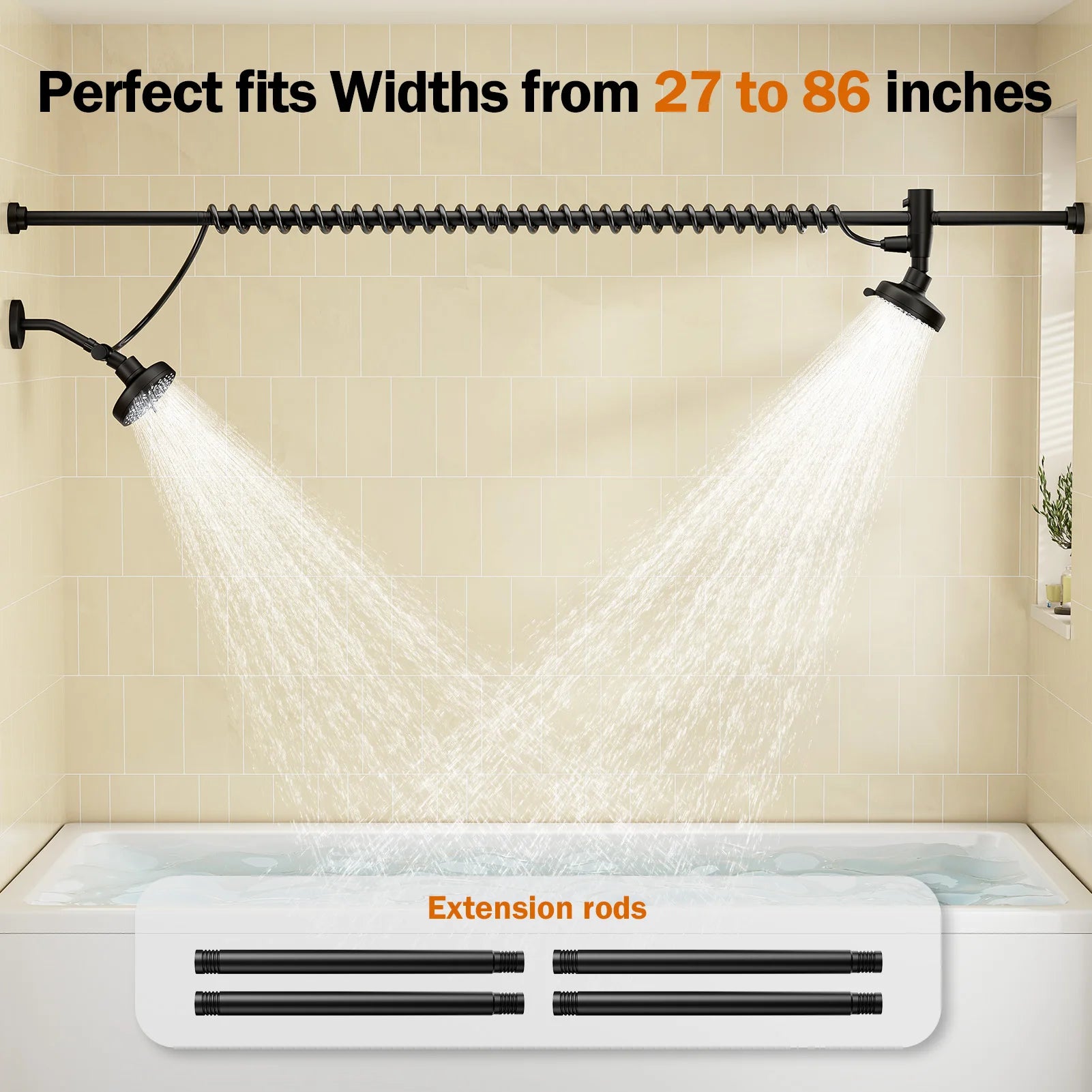 Dual Shower Head System for Two — 60" Adjustable Slider, High Pressure, No-Drill Install