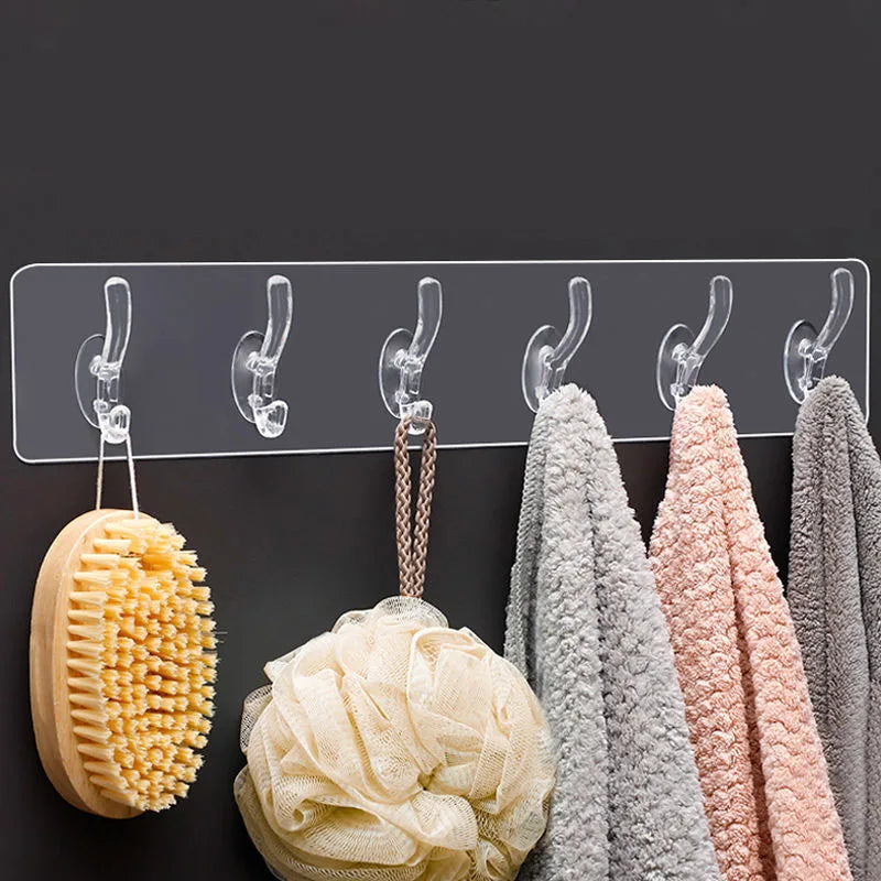 Transparent Multi-Hook Wall Organiser Rack - Seamless Adhesive Hanger for Bathroom, Kitchen & Hallway
