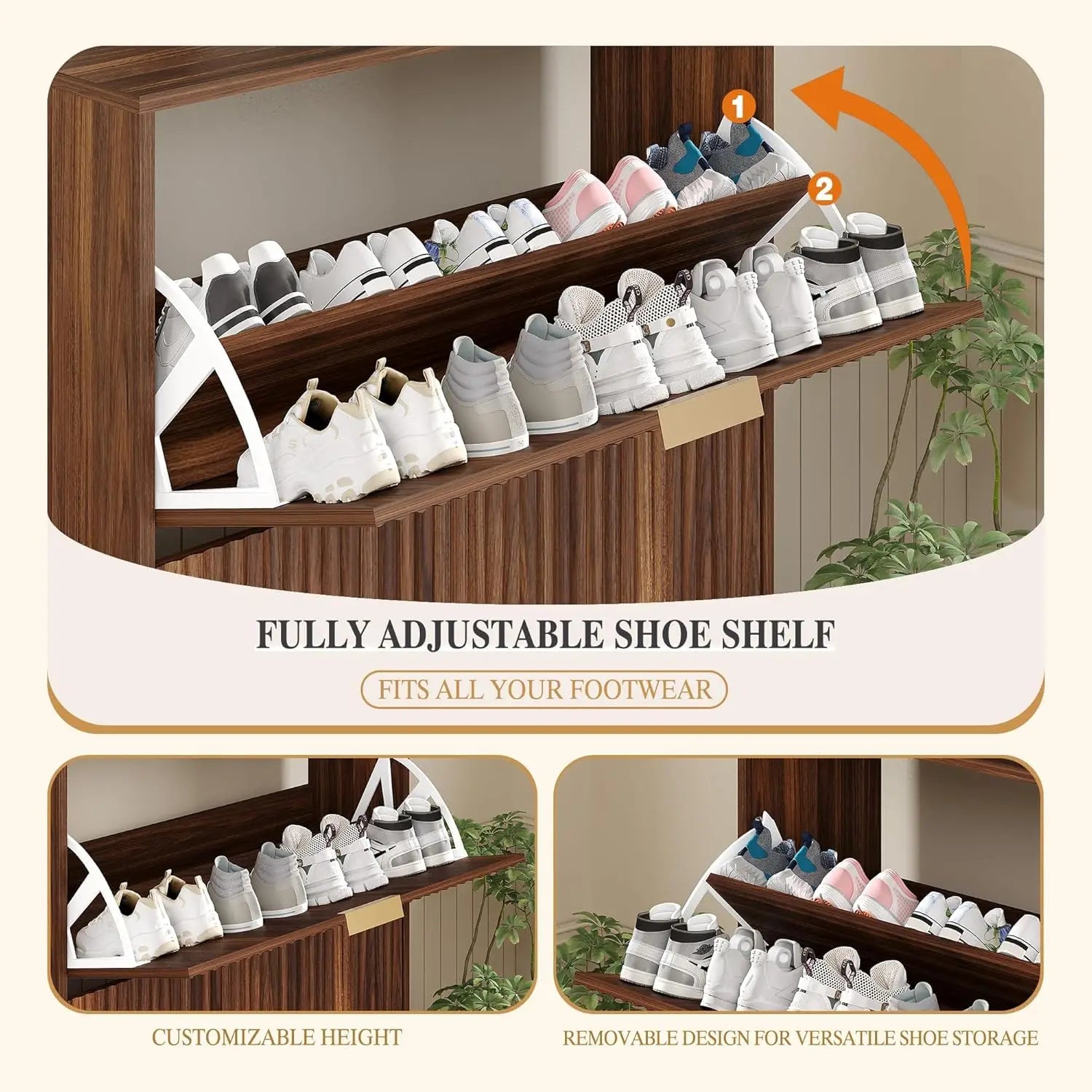 Slim Fluted Shoe Cabinet with 2 Flip Drawers — Hidden Storage, Adjustable Shelves, Anti-Tip, 30"W