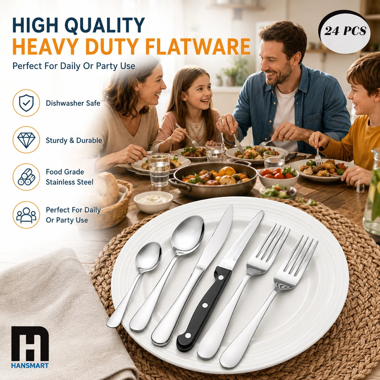 24-Piece Mirror Polished Stainless Steel Flatware Set — Service for 4 with Steak Knives, Dishwasher Safe