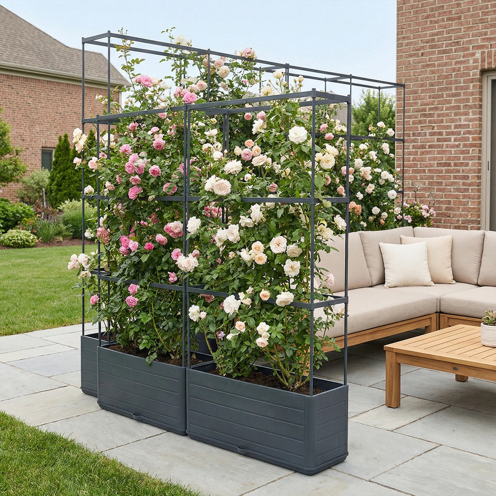 Raised Garden Bed Planter Box with Trellis – Self-Watering, Modular Plant Support for Climbing Vegetables & Patio