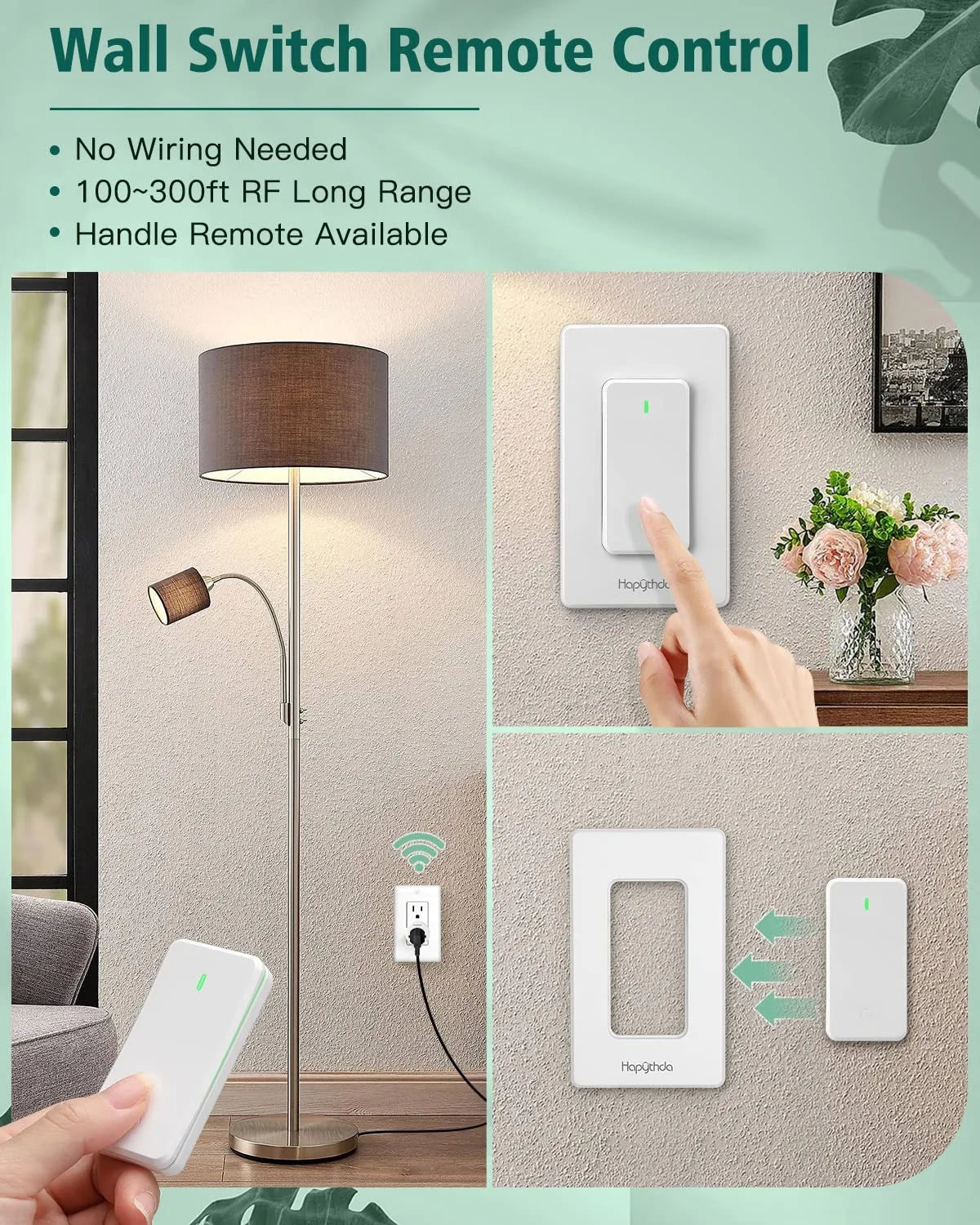Wireless Wall Switch 300ft RF Range 15A 1500W Remote Control Outlet Switch for Household Appliances