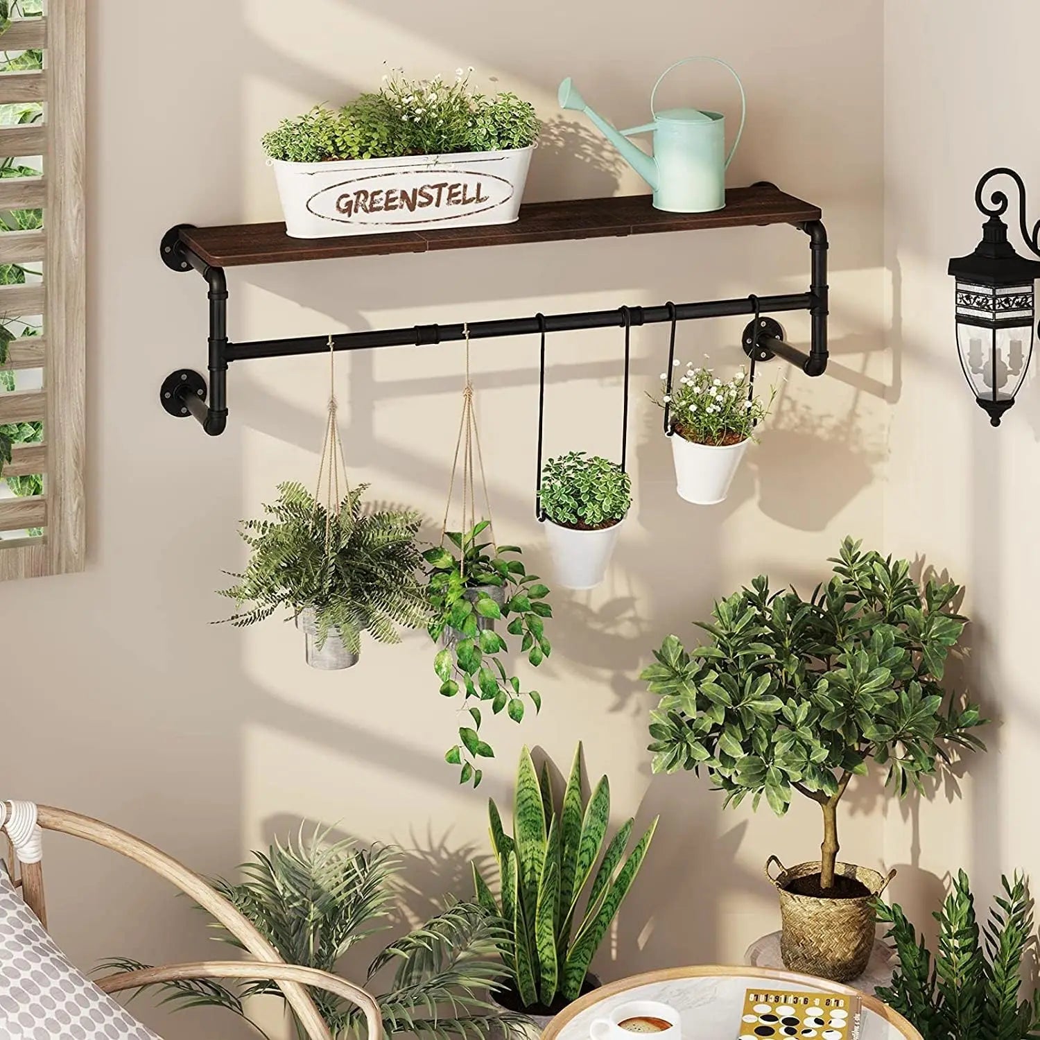 Wall Mounted Industrial Pipe Clothes Rack with Wood Shelf