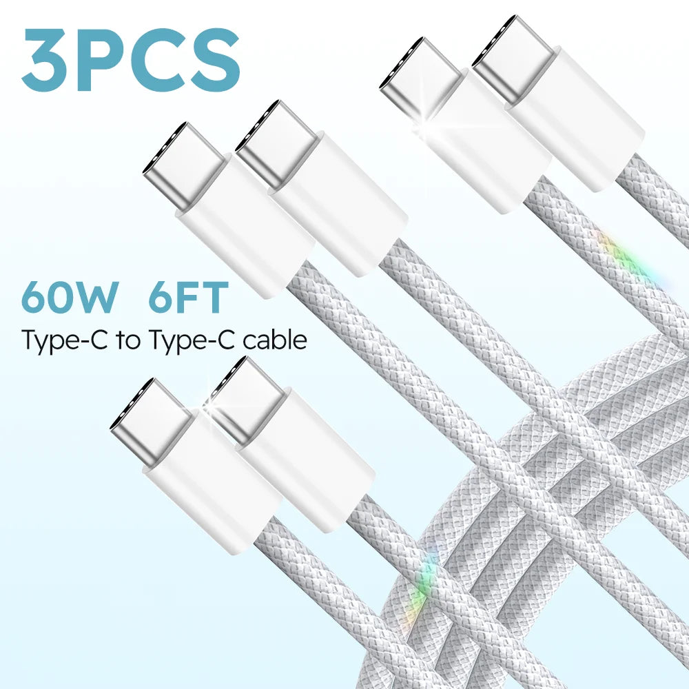 3pcs 6ft 60W Nylon weave Fast Charger  Type C to USB C Cable for Samsung for Xiaomi for iPhone 15 Pro/iPad/Android