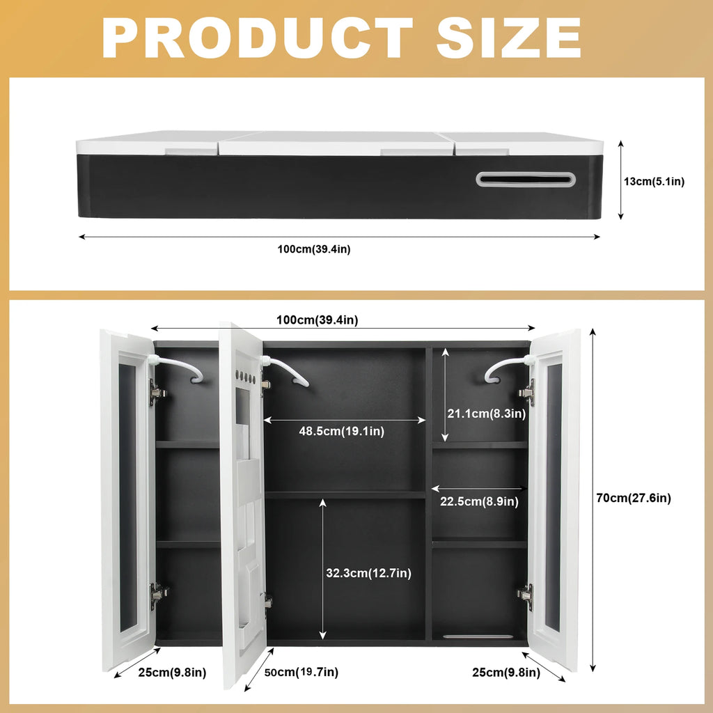 Large LED Medicine Cabinet with Mirror — 2-Door Wall Mount, 5-Compartment Storage, Defogging