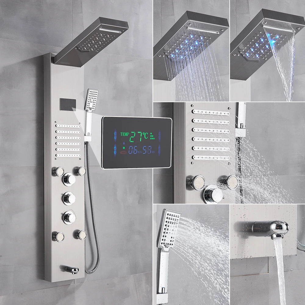 Luxury Black/Brushed Bathroom Shower Faucet LED Shower Panel Column Bathtub Mixer Tap With Hand Shower Temperature Screen