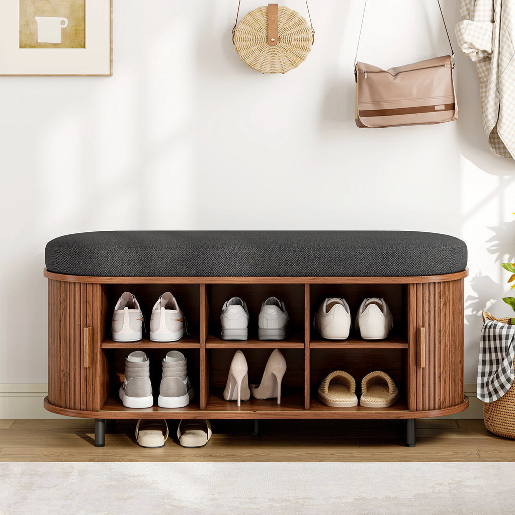 43" Shoe Storage Bench with Cushion — 3-Tier Organiser, Sliding Tambour Door, Removable Shelf