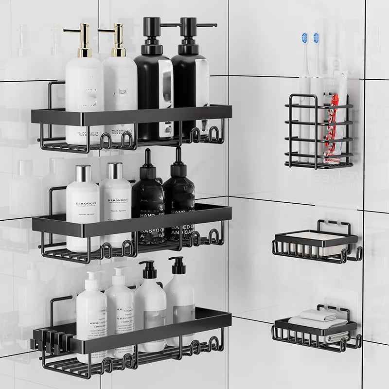 6-Pack Self-Adhesive Shower Caddy Shelves — No-Drill Black Metal Bathroom Organizer Rack