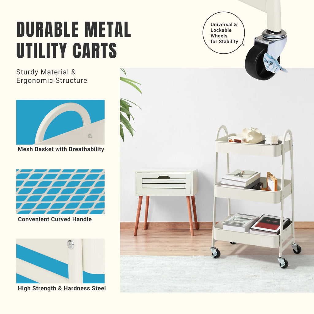 JHK 3-Tier Metal Rolling Storage Cart – Lockable Wheels, Mesh Shelves & Slim Design for Kitchen, Bathroom & Office