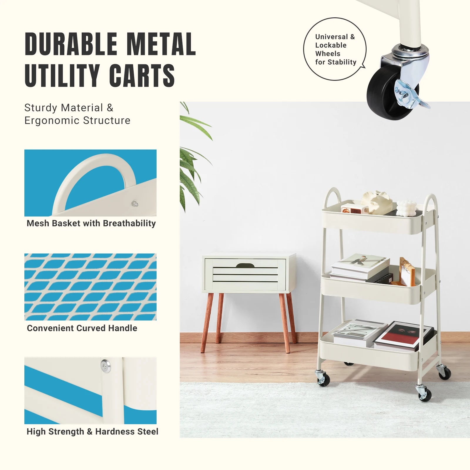 JHK 3-Tier Metal Rolling Storage Cart – Lockable Wheels, Mesh Shelves & Slim Design for Kitchen, Bathroom & Office