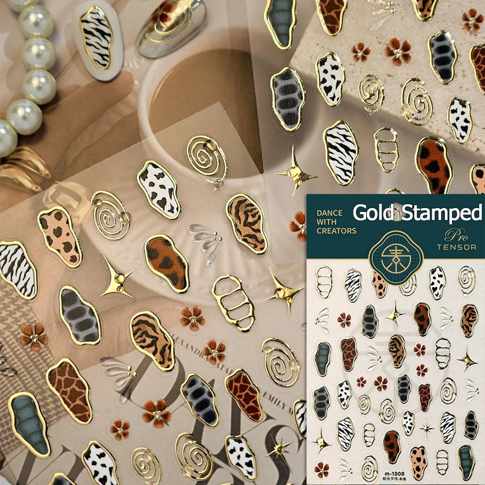 Retro Animal Print Nail Art Stickers – Gold Stars, Leopard, Zebra & Cow Print Manicure Decals