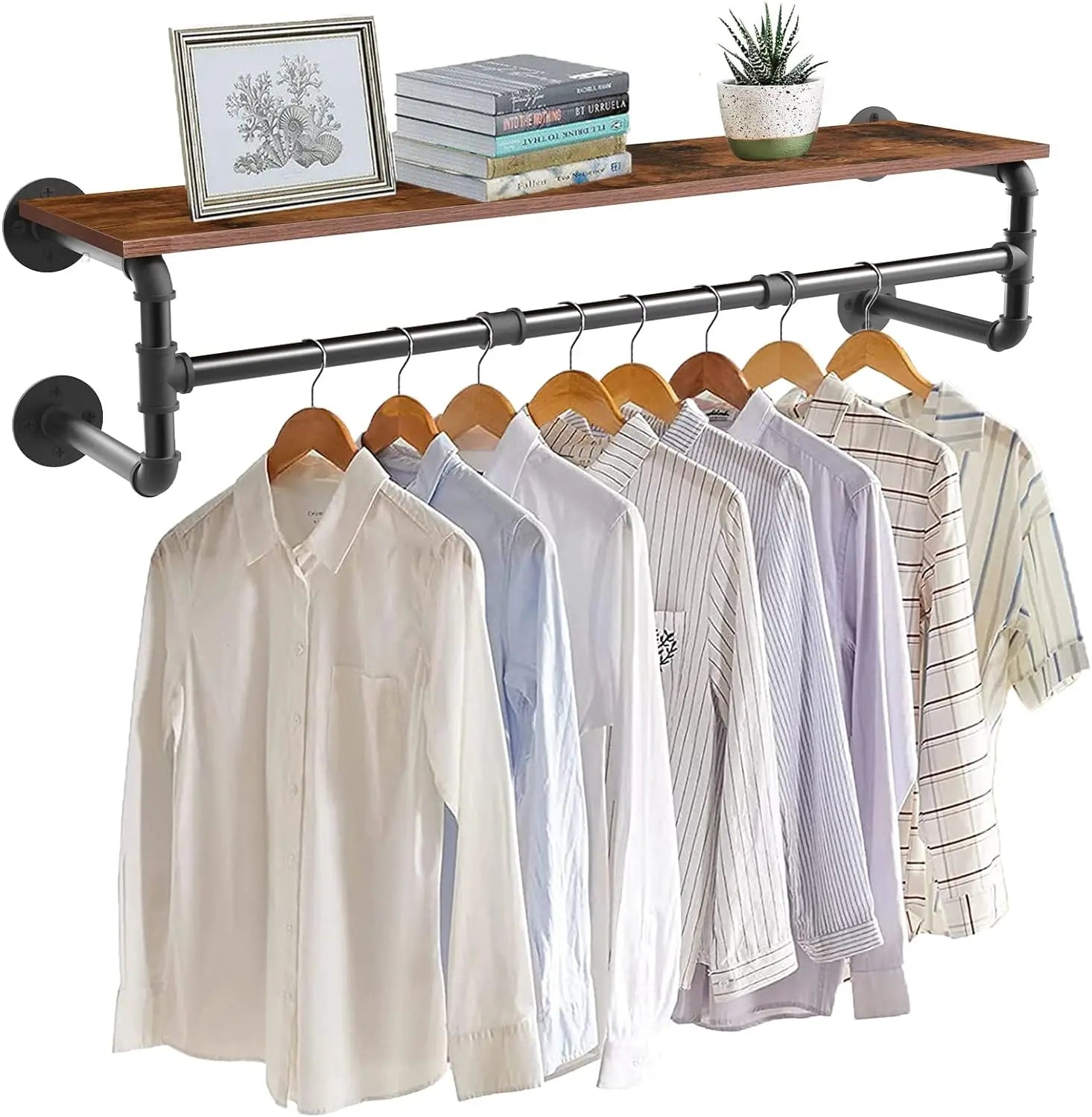 Wall Mounted Industrial Pipe Clothes Rack with Wood Shelf