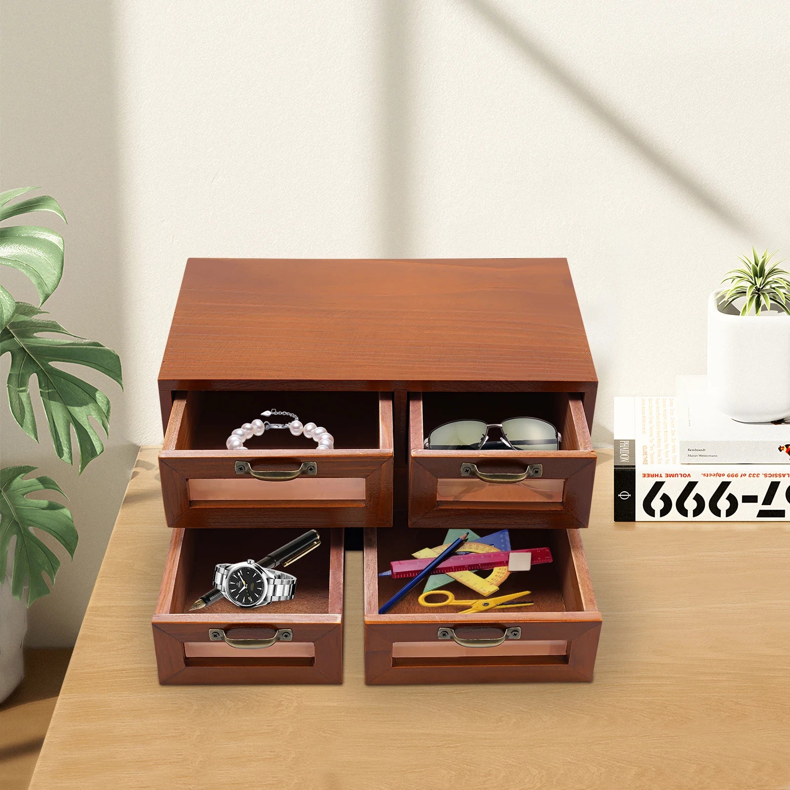 4-Drawer Retro Desktop Organizer Wooden Tabletop Storage Box Desk Accessories Home Office Decor