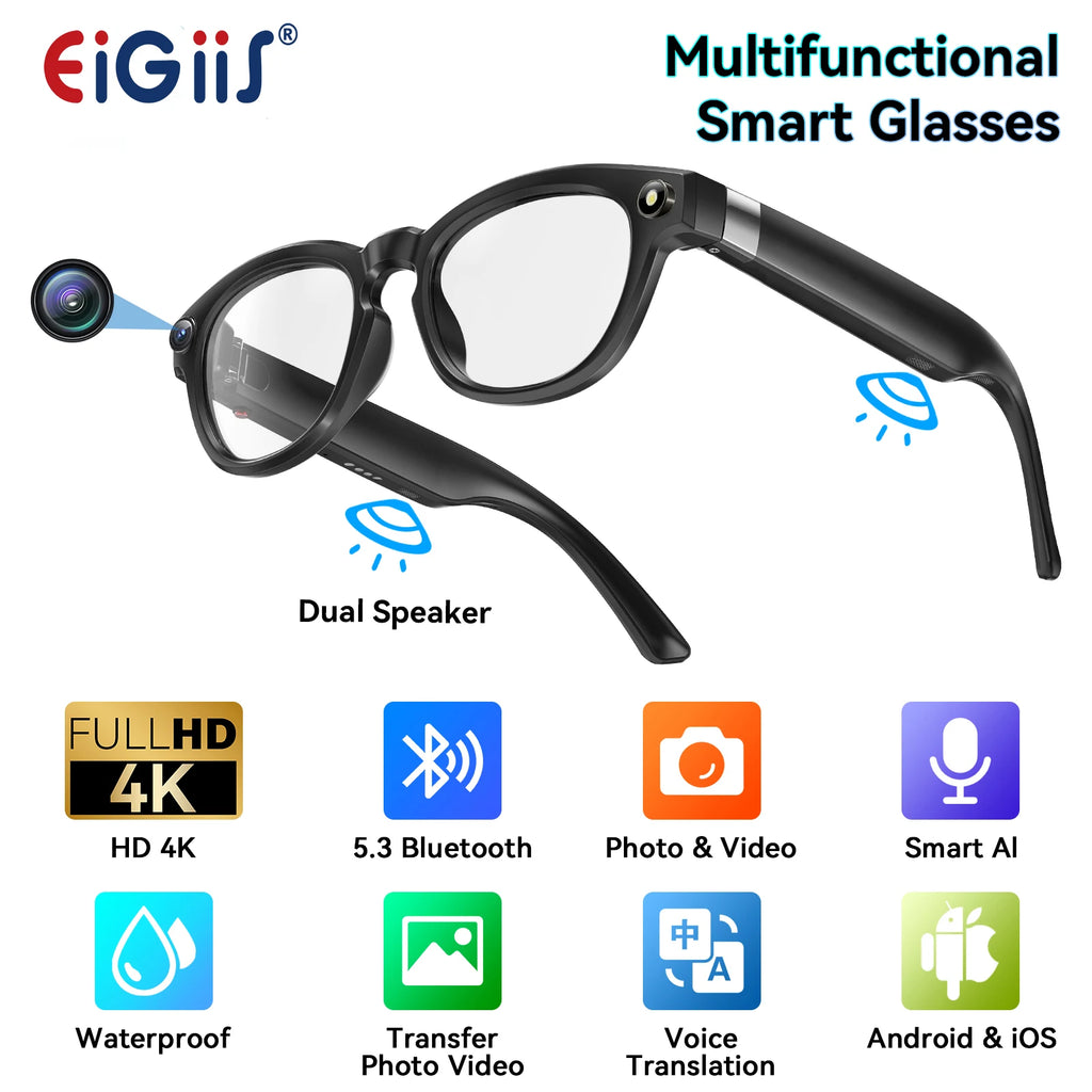 EIGIIS Q8 AI Smart Glasses — 4K Camera, AI Voice, Bluetooth 5.3 & Waterproof