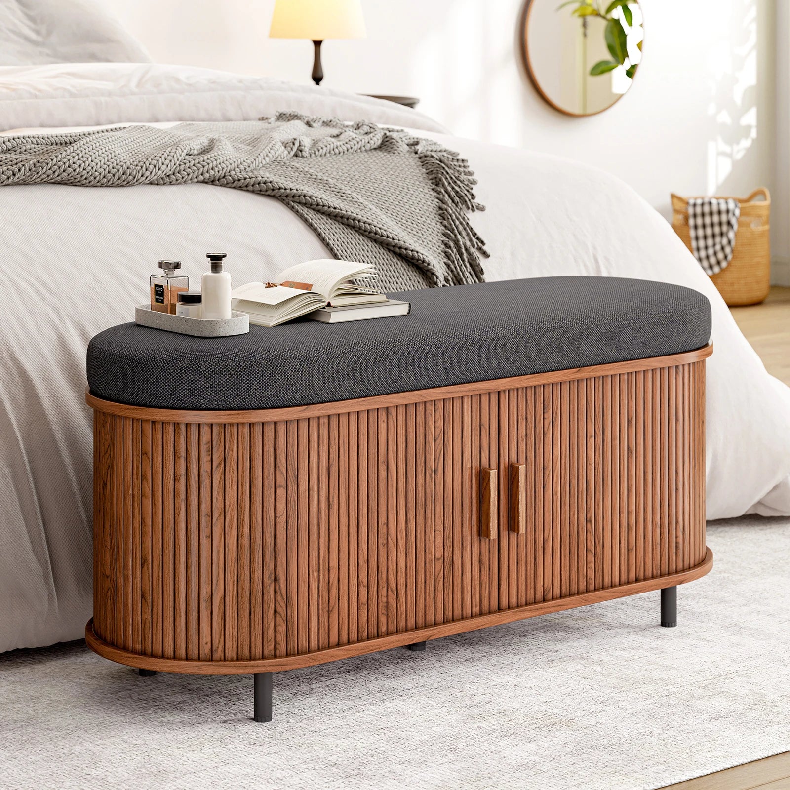 43" Shoe Storage Bench with Cushion — 3-Tier Organiser, Sliding Tambour Door, Removable Shelf