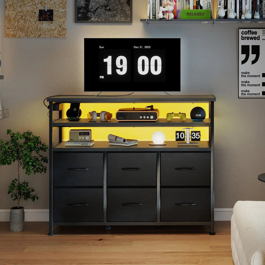 JHK TV Stand with 6 Fabric Drawers & LED Lights — Fits Up to 45" TV, Charging Station, Wood Top
