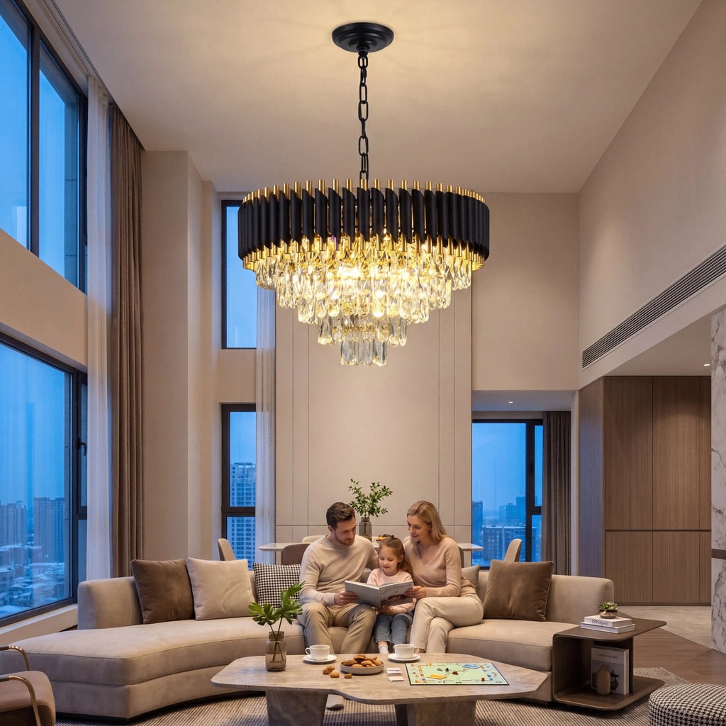 Modern Black & Gold K9 Crystal Chandelier – Dimmable 5-Tier Round Pendant Light for Living Room, Dining Room & Kitchen Island