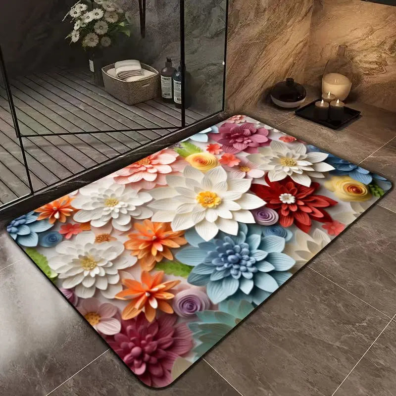 Floral Print Bathroom Mat - Anti-Slip, Super Absorbent & Quick-Dry Shower Floor Mat