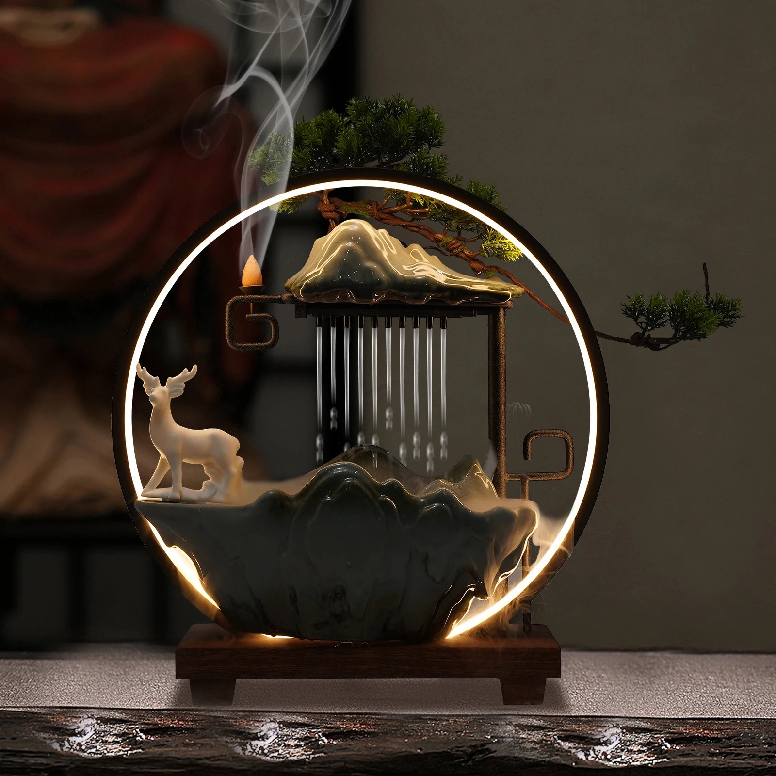 Ceramic Tabletop Fountain with Mist, LED & Deer Figurine | Indoor Zen Decor