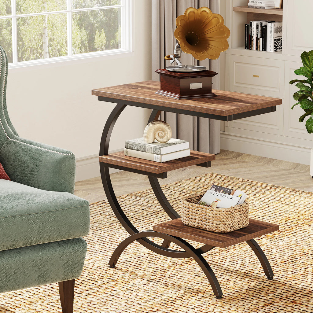 Tribesigns C-Shaped End Table with 3-Tier Storage Shelves | Industrial Sofa Side Table