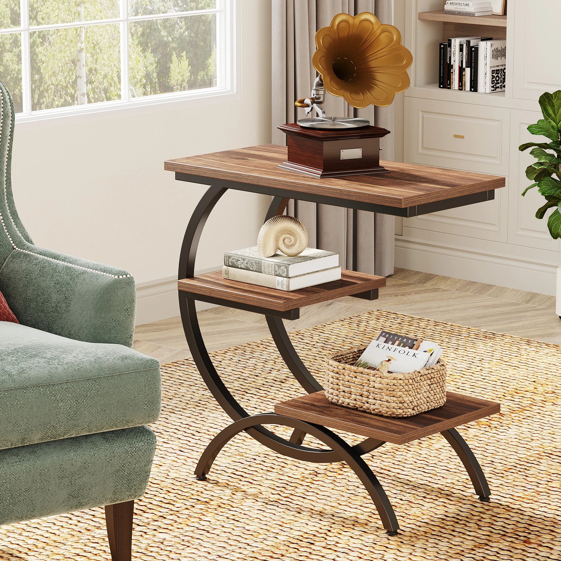 Tribesigns C-Shaped End Table with 3-Tier Storage Shelves | Industrial Sofa Side Table