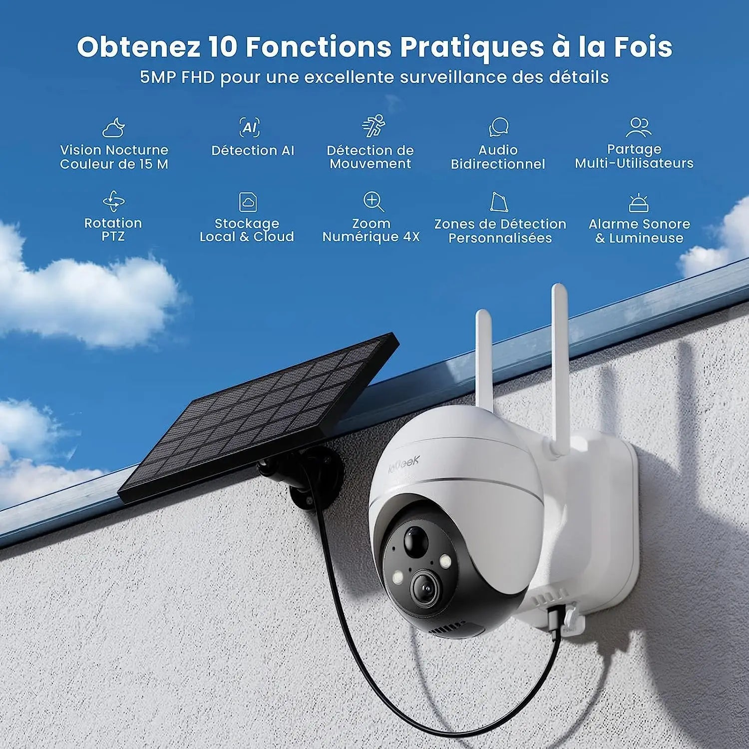 ieGeek 5MP Solar Outdoor WiFi Security Camera – 360° Pan/Tilt, Colour Night Vision, PIR Detection & Two-Way Audio