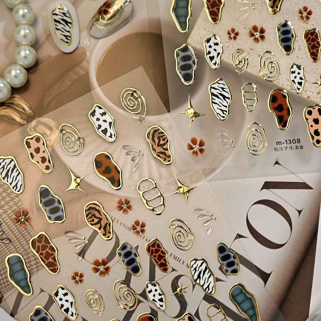 Retro Animal Print Nail Art Stickers – Gold Stars, Leopard, Zebra & Cow Print Manicure Decals