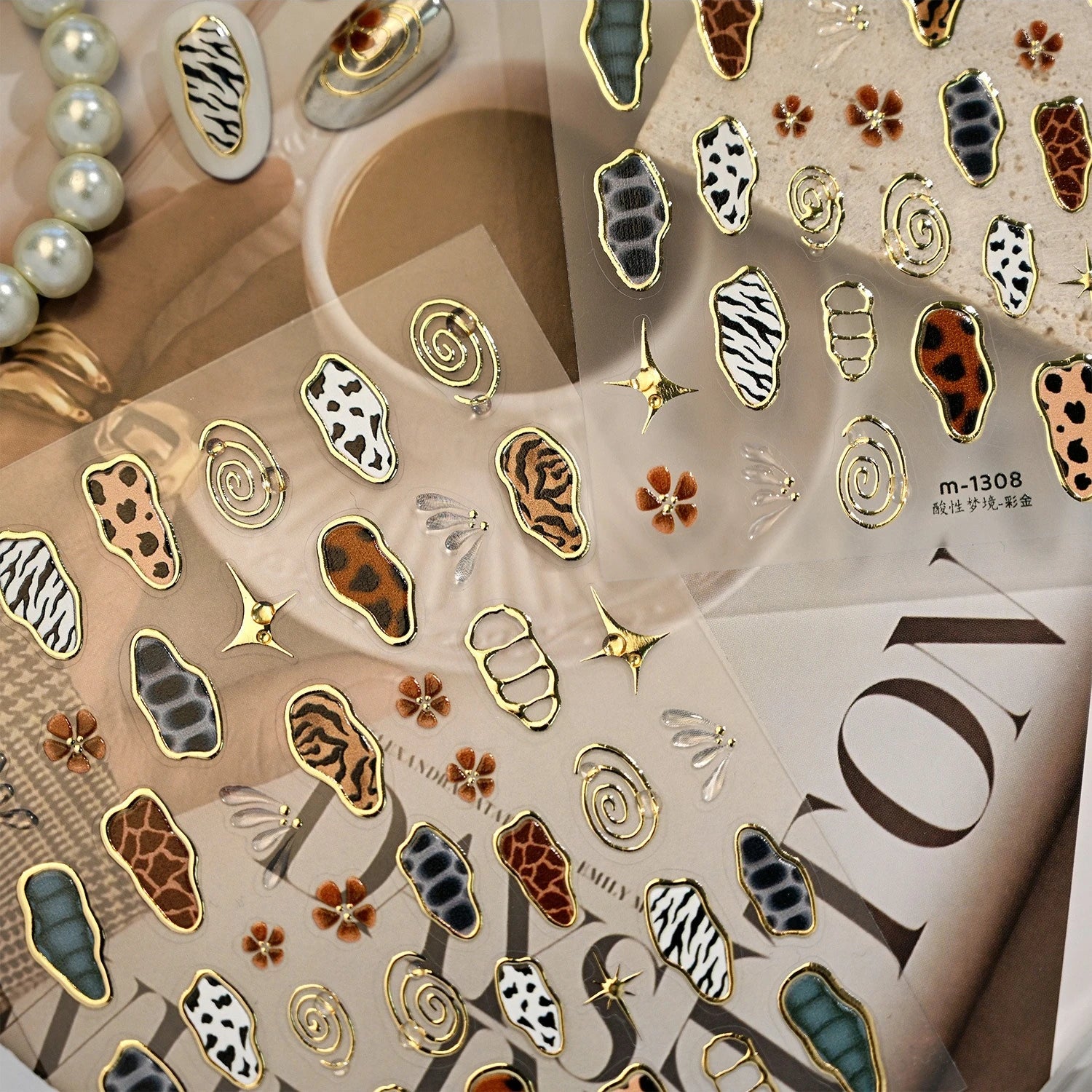 Retro Animal Print Nail Art Stickers – Gold Stars, Leopard, Zebra & Cow Print Manicure Decals