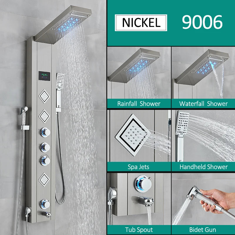 6-Function LED Shower Panel — Rain, Waterfall, Massage Jets, Bidet & More | Brushed Black Nickel