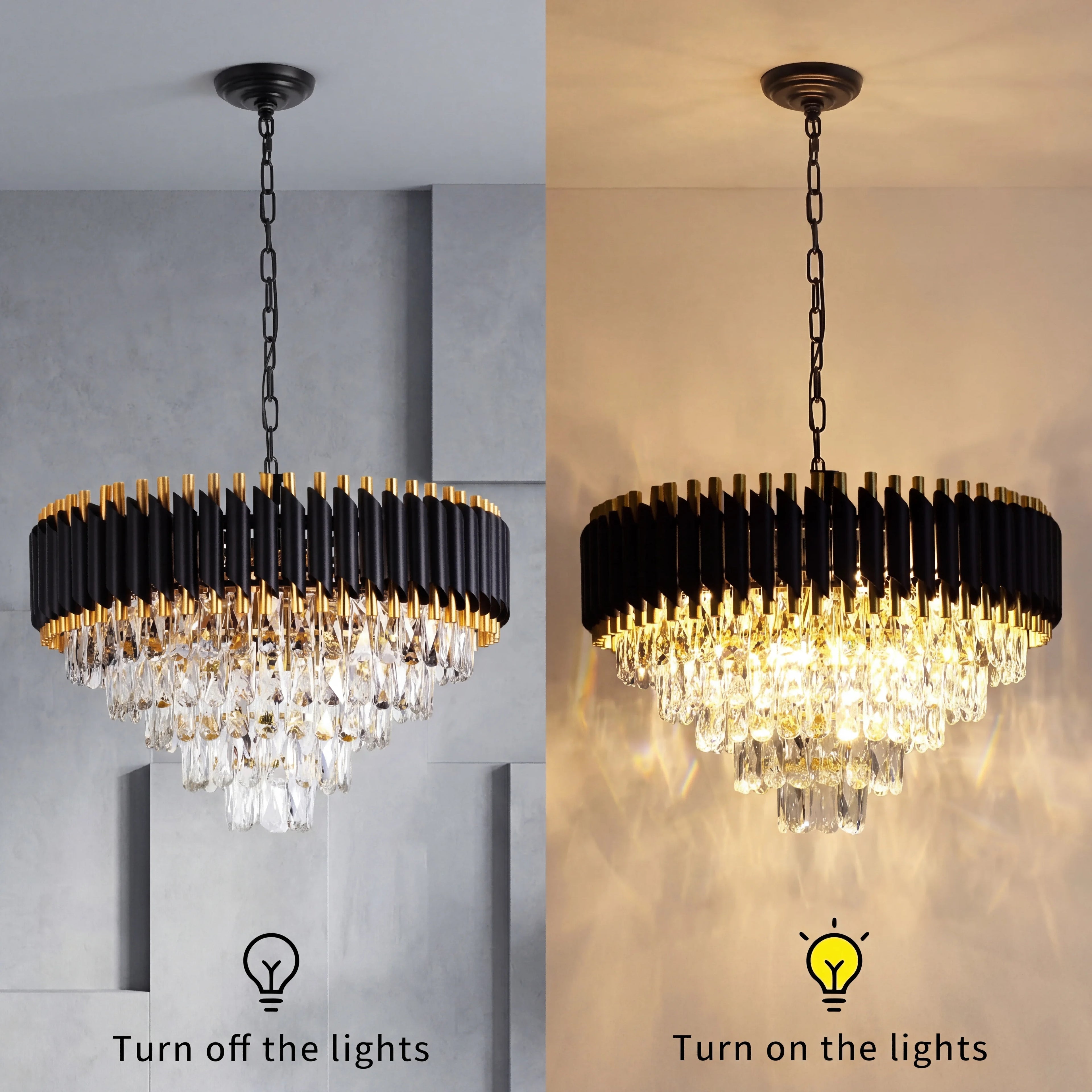 Modern Black & Gold K9 Crystal Chandelier – Dimmable 5-Tier Round Pendant Light for Living Room, Dining Room & Kitchen Island